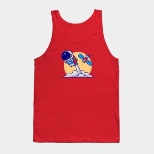 Cute Astronaut Flying with Rocket and Satellite Cartoon Vector Icon Illustration Tank Top